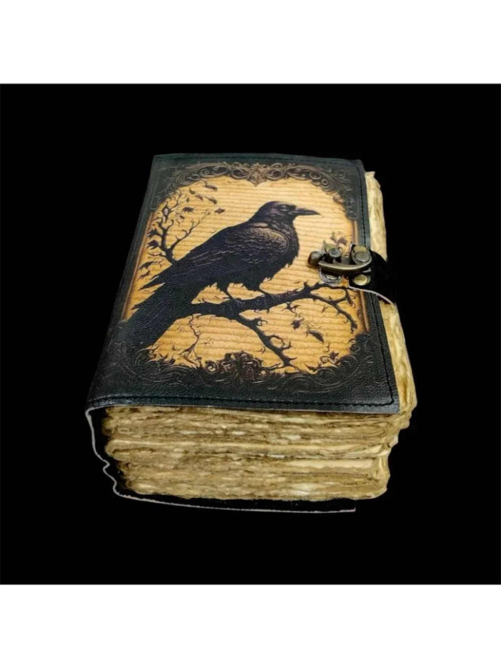 Raven Grimoire Journal Leather Gothic Book of Shadows Black Antique Brass Lock